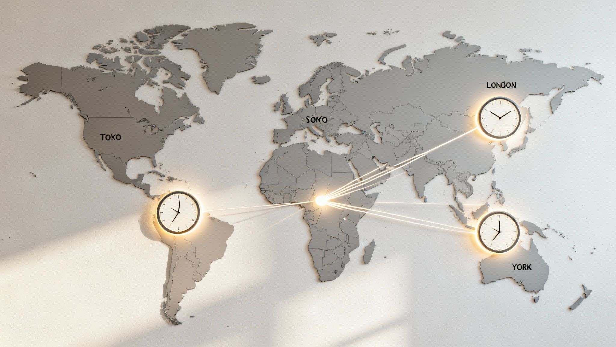 A digital clock interface showing various international time zones on a world map, representing global forex market hours.