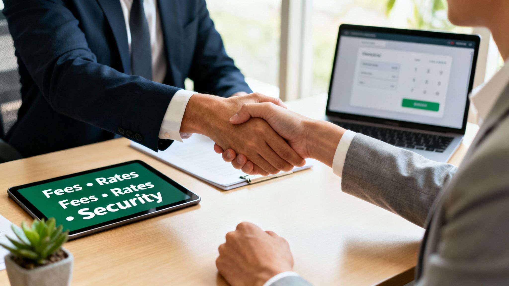 Two business professionals shake hands at a table, with a tablet showing 'Fees • Rates • Security'.