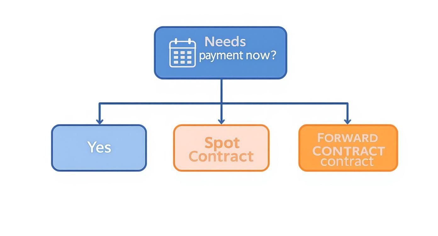 Flowchart asking 'Needs payment now?' with branches for 'Yes', 'Spot Contract', and 'Forward Contract'.