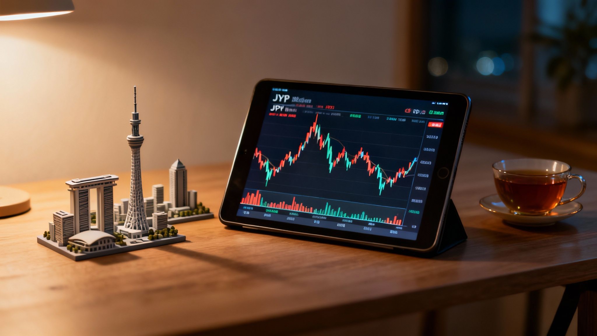 A tablet displays a JPY forex chart next to a Tokyo cityscape model and a cup of tea on a wooden desk.
