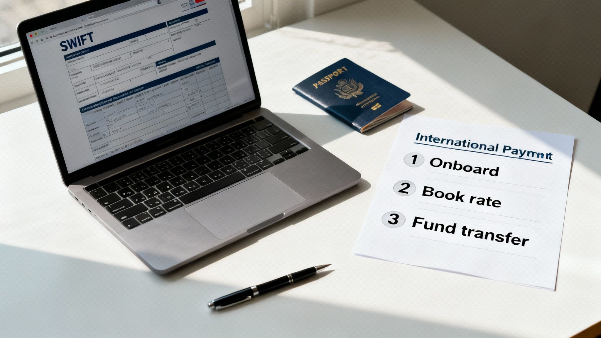 Laptop displaying SWIFT interface, passport, and document outlining international payment steps on a desk.