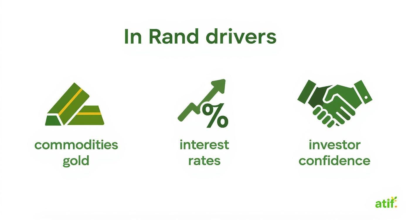 Infographic showing the three main drivers of the South African Rand's exchange rate: Commodities, Interest Rates, and Investor Confidence.