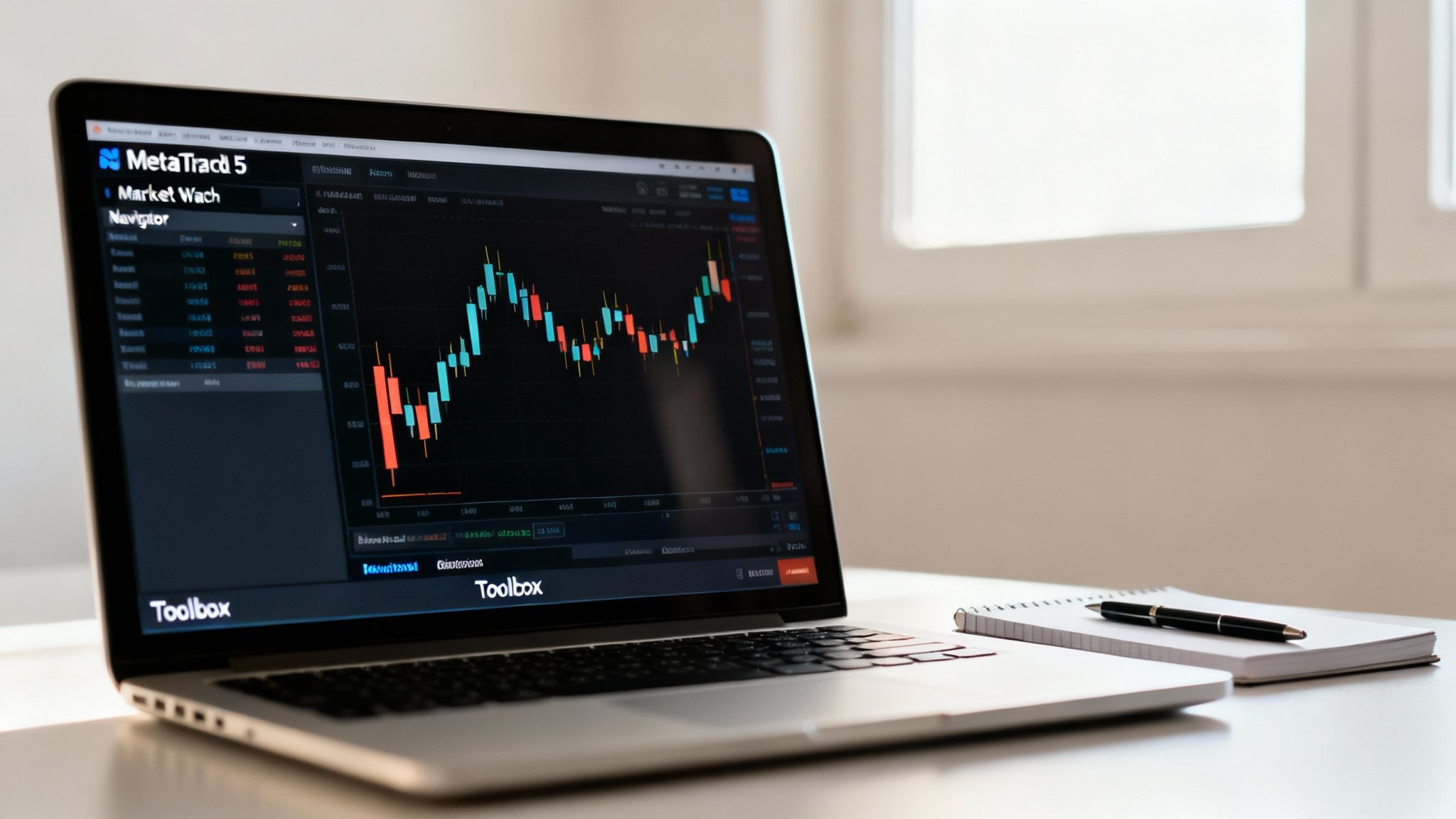 Laptop displaying MetaTrader 5 financial charts on a desk with a notebook and pen.
