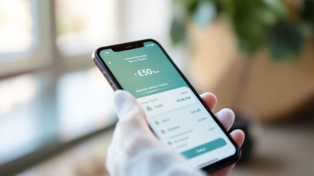 A magnifying glass hovering over a currency exchange rate display, highlighting hidden fees.