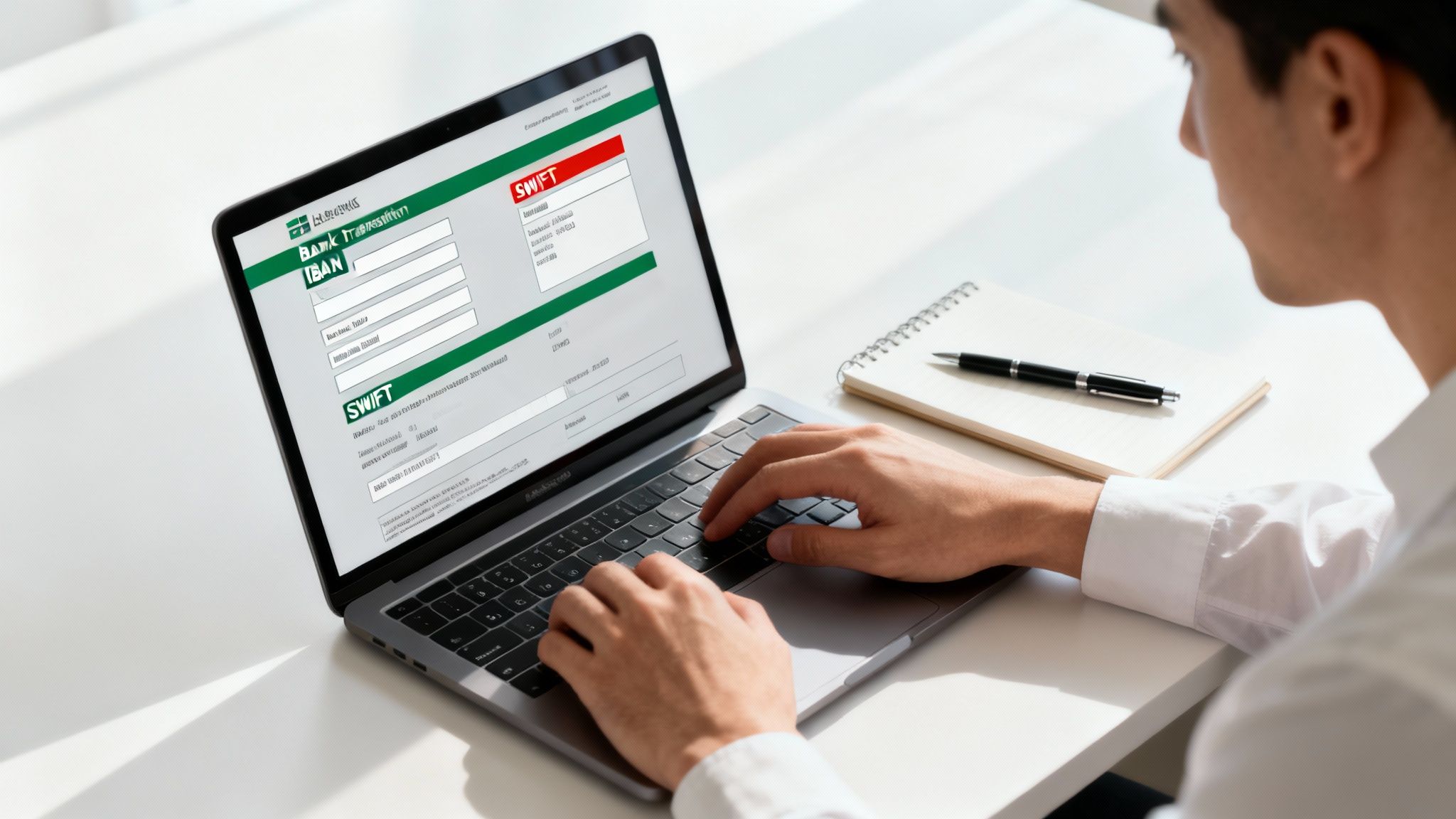 A person's hands typing on a laptop, with a bank's online transfer portal visible on the screen.