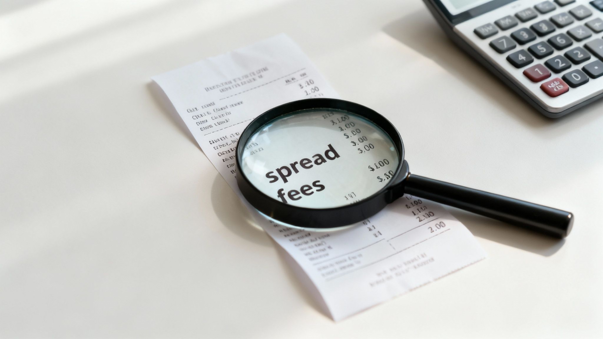 Magnifying glass over currency notes, representing a close look at fees.