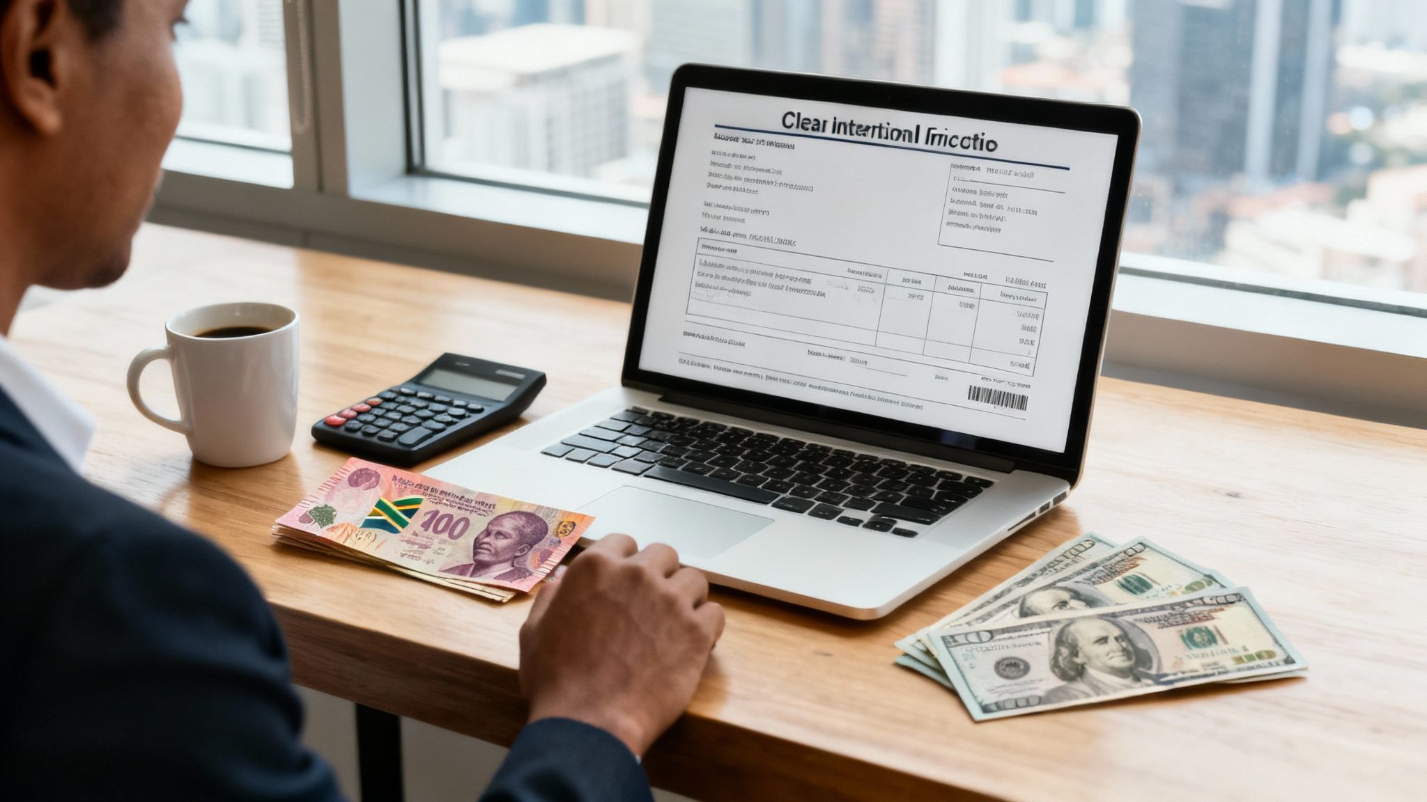 A person reviewing financial documents on a laptop, with cash, a calculator, and coffee on a desk.