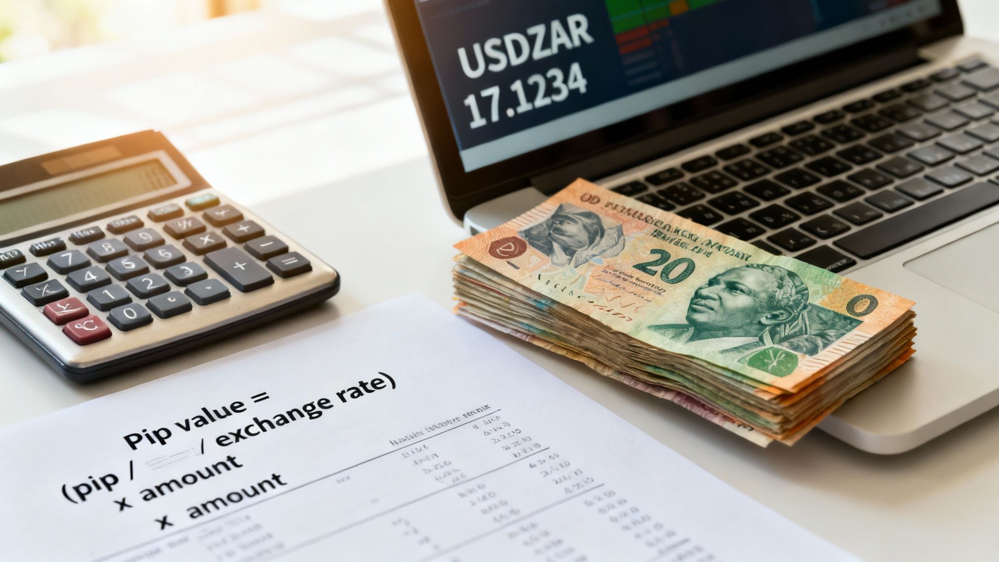 A desk with a calculator, laptop showing USDZAR exchange rate, cash, and a document about pip value.