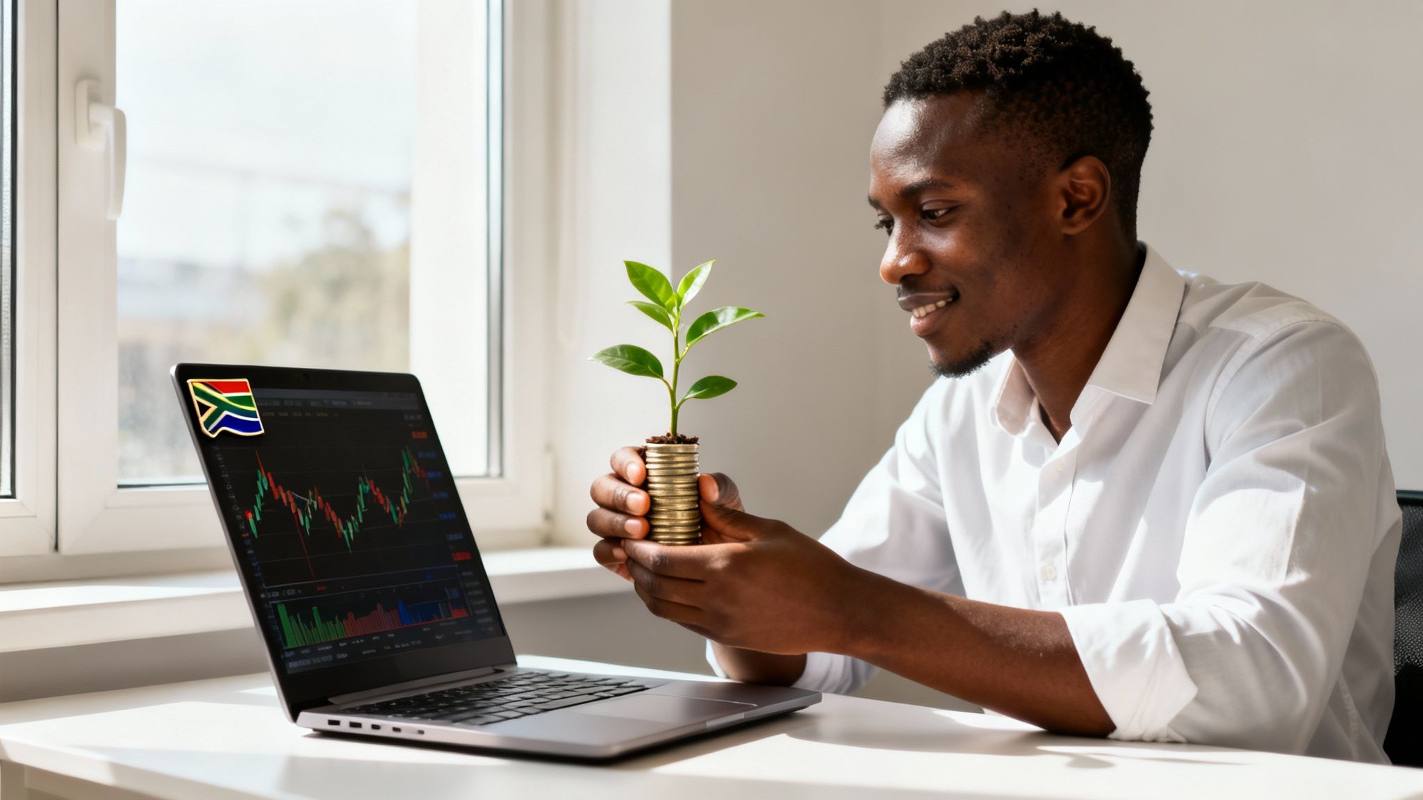 Smiling Black man holding a growing plant on coins, looking at a financial chart on a laptop with a South African flag.