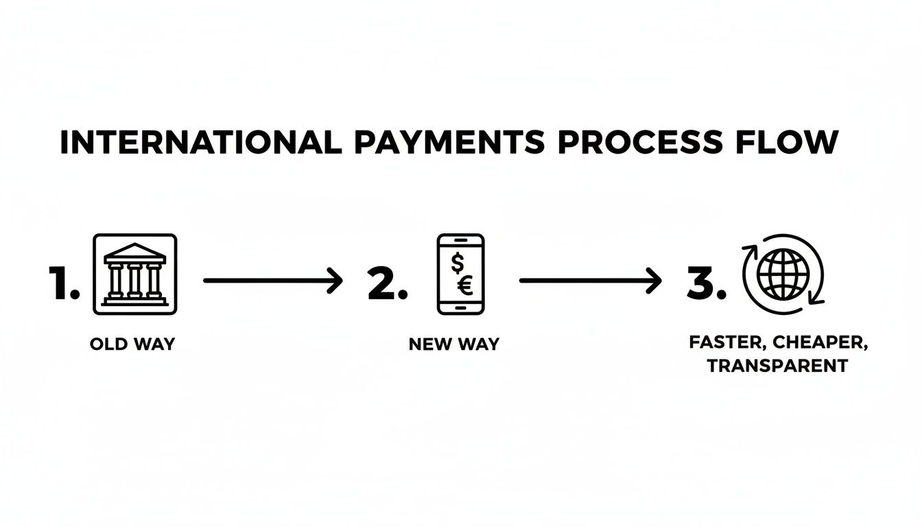 A diagram illustrating the international payments process flow from the old bank way to a faster, cheaper, transparent new mobile way.