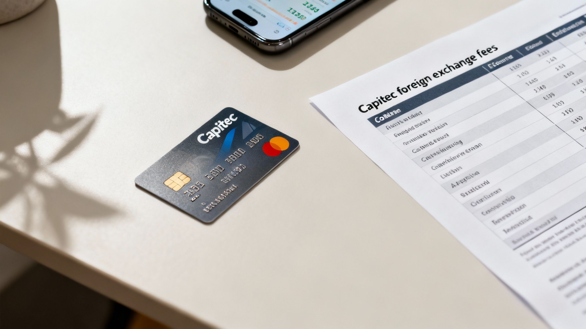 A Capitec bank card, smartphone, and a document detailing Capitec foreign exchange fees on a desk.