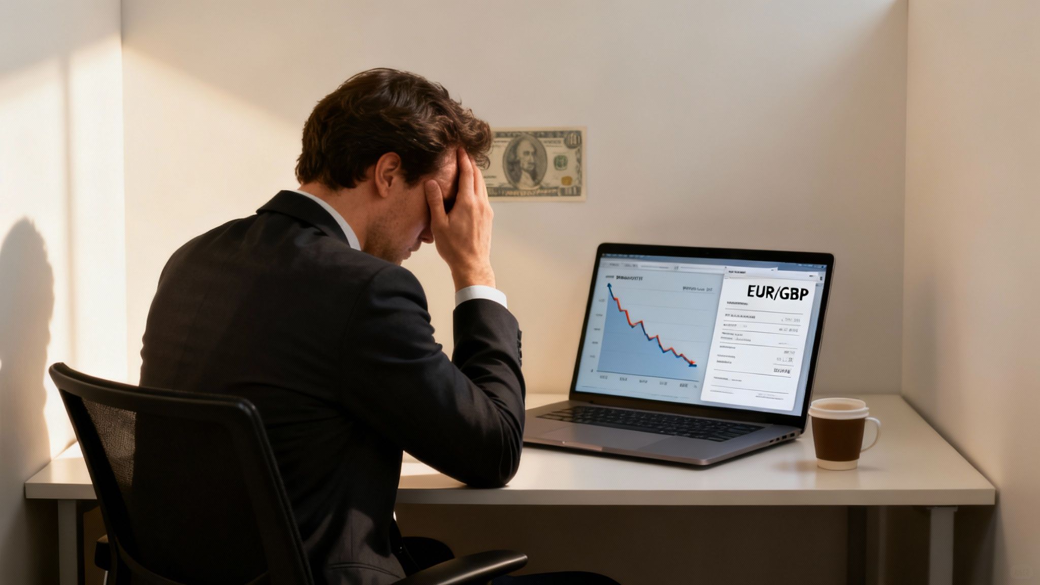 A stressed businessman holds his head, looking at a laptop showing a falling EUR/GBP exchange rate graph.