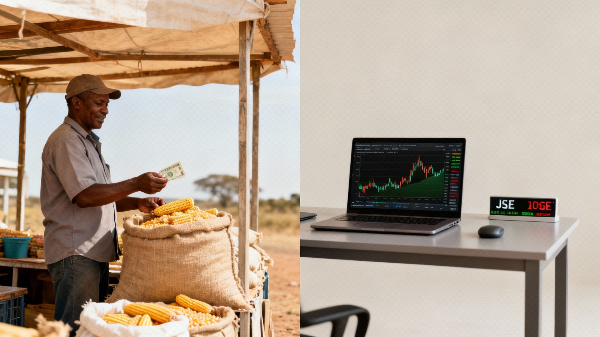 A man selling corn at a market next to a laptop displaying financial market charts and a stock ticker.
