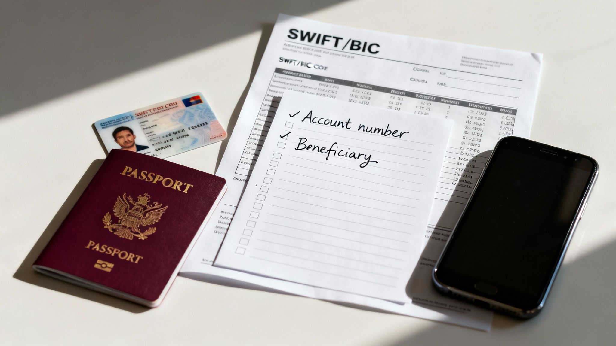 Financial transaction setup with a passport, ID, smartphone, SWIFT/BIC document, and a checklist.