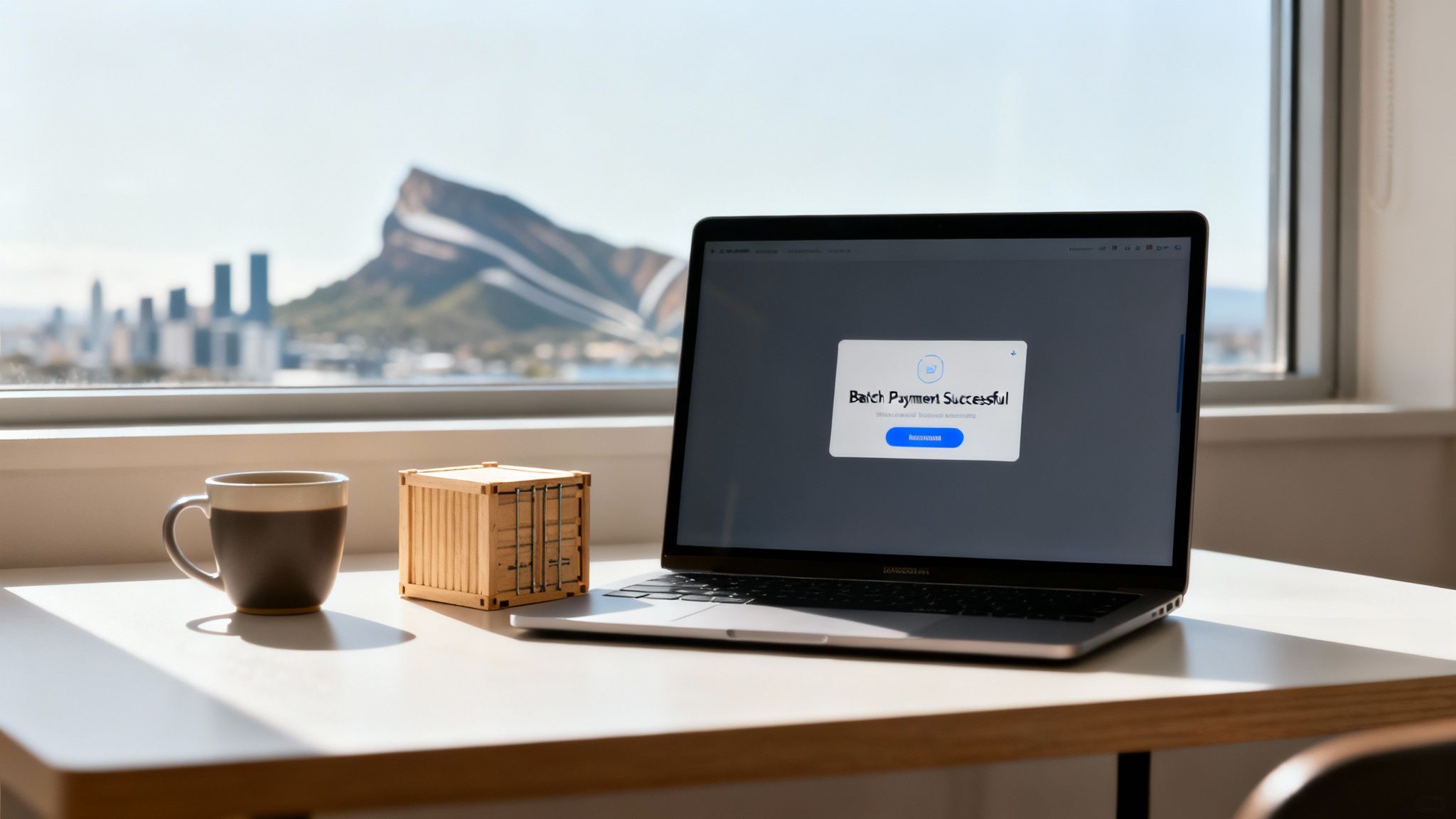 Laptop displaying 'Batch Payment Successful' message with a coffee mug and city skyline view.
