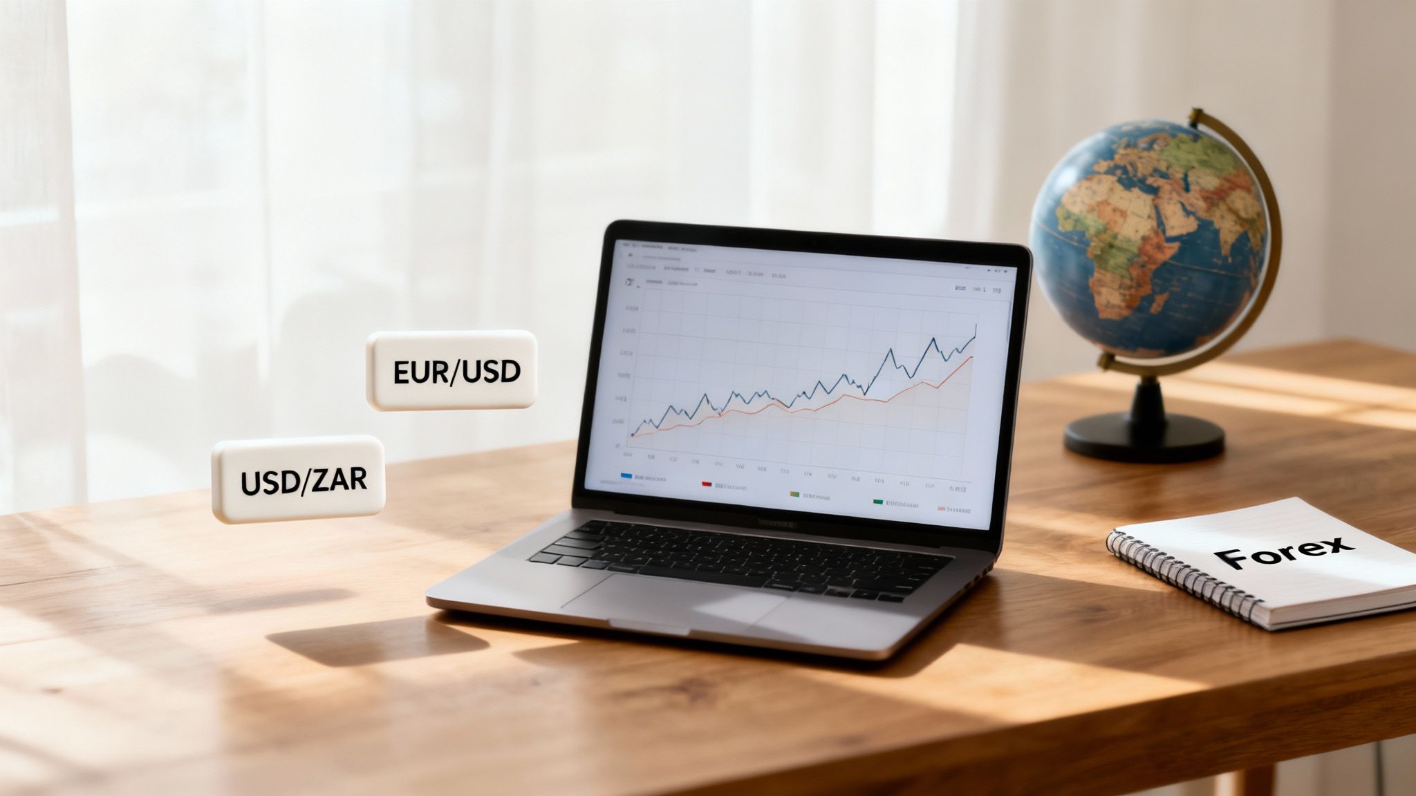 A laptop displaying financial charts, a globe, and 'Forex' notebook on a wooden desk with currency pairs.