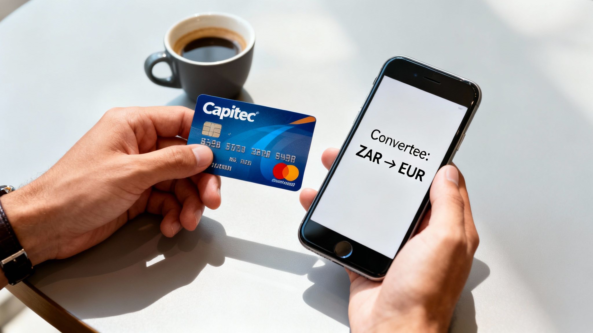 Hands holding a Capitec bank card and a smartphone displaying ZAR to EUR currency conversion.