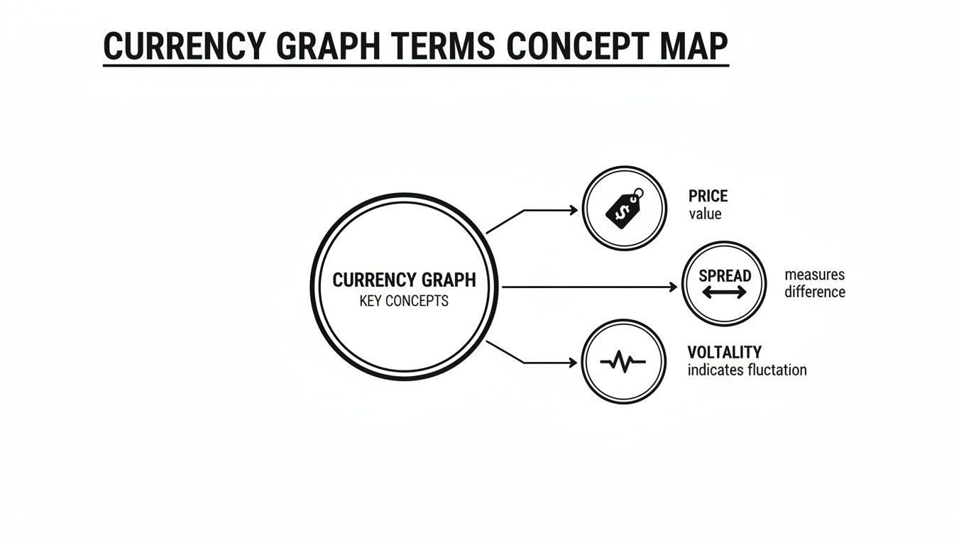 Concept map illustrating key terms for currency graphs: price, spread, and volatility.