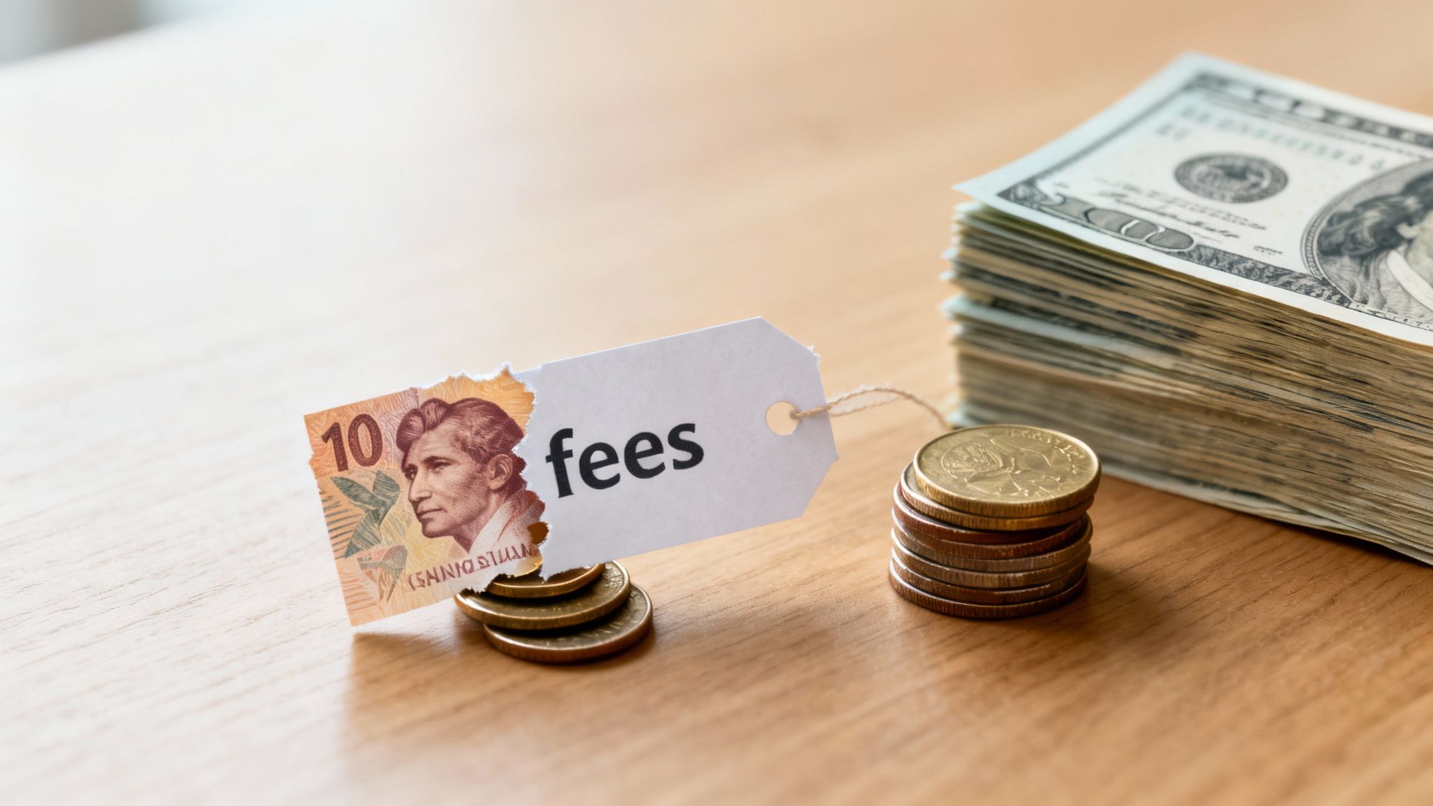 A 'fees' tag attached to a torn 10-dollar bill, with coins and a stack of US dollars on a table.