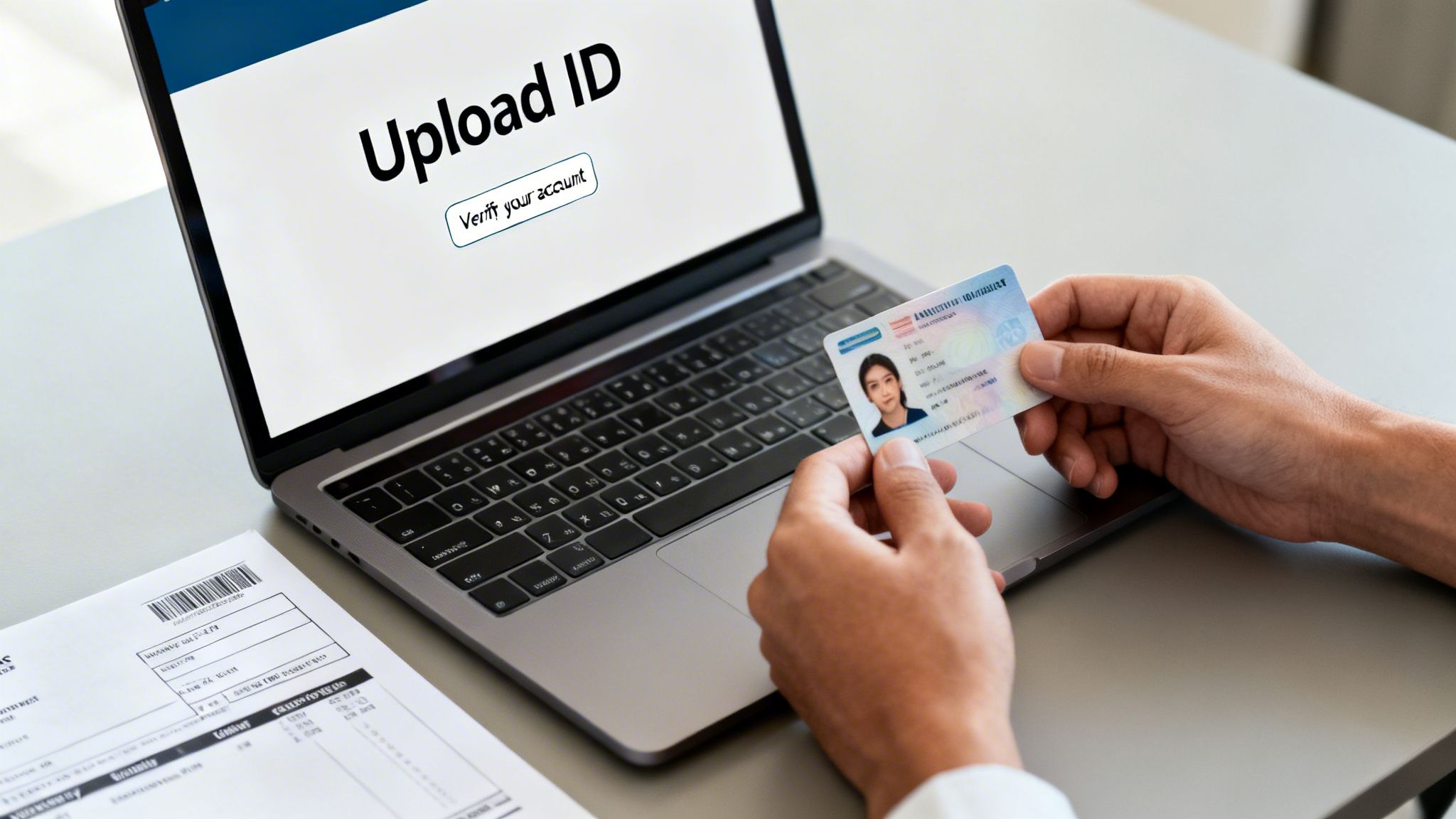 Person holding an ID card in front of a laptop, preparing for online identity verification.