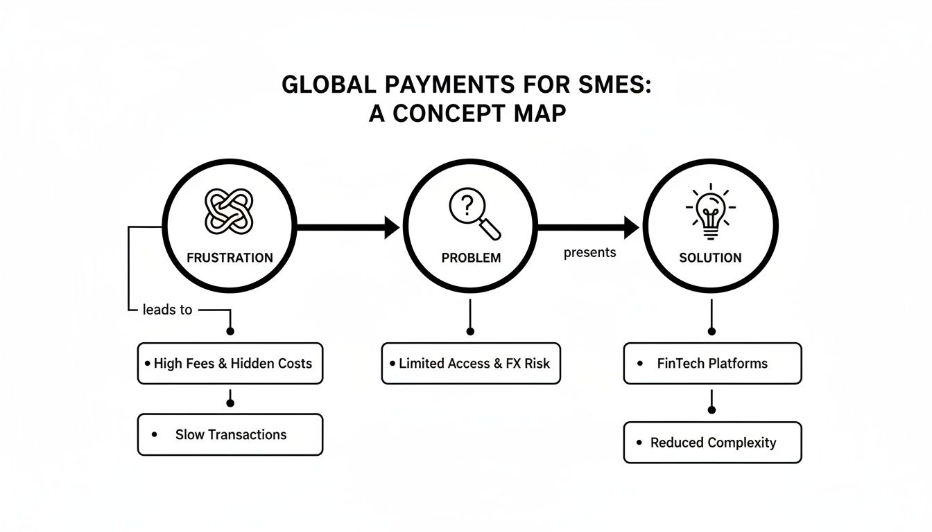 A concept map showing global payment challenges for SMEs, from frustration to FinTech solutions.