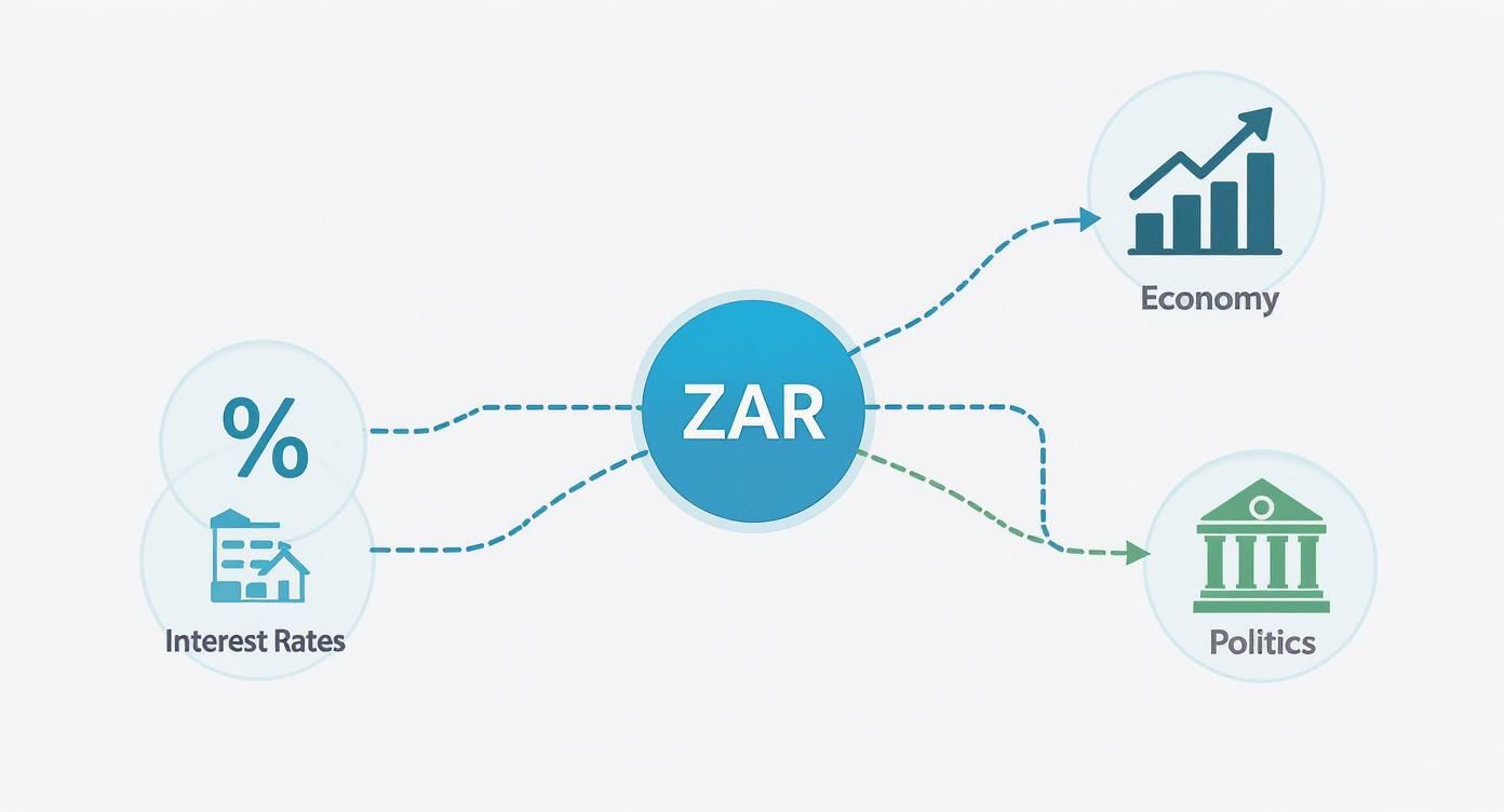 Infographic showing the central hub 'ZAR' connected to concepts like Interest Rates, Economy, and Politics, illustrating the forces that move the forex spot price.