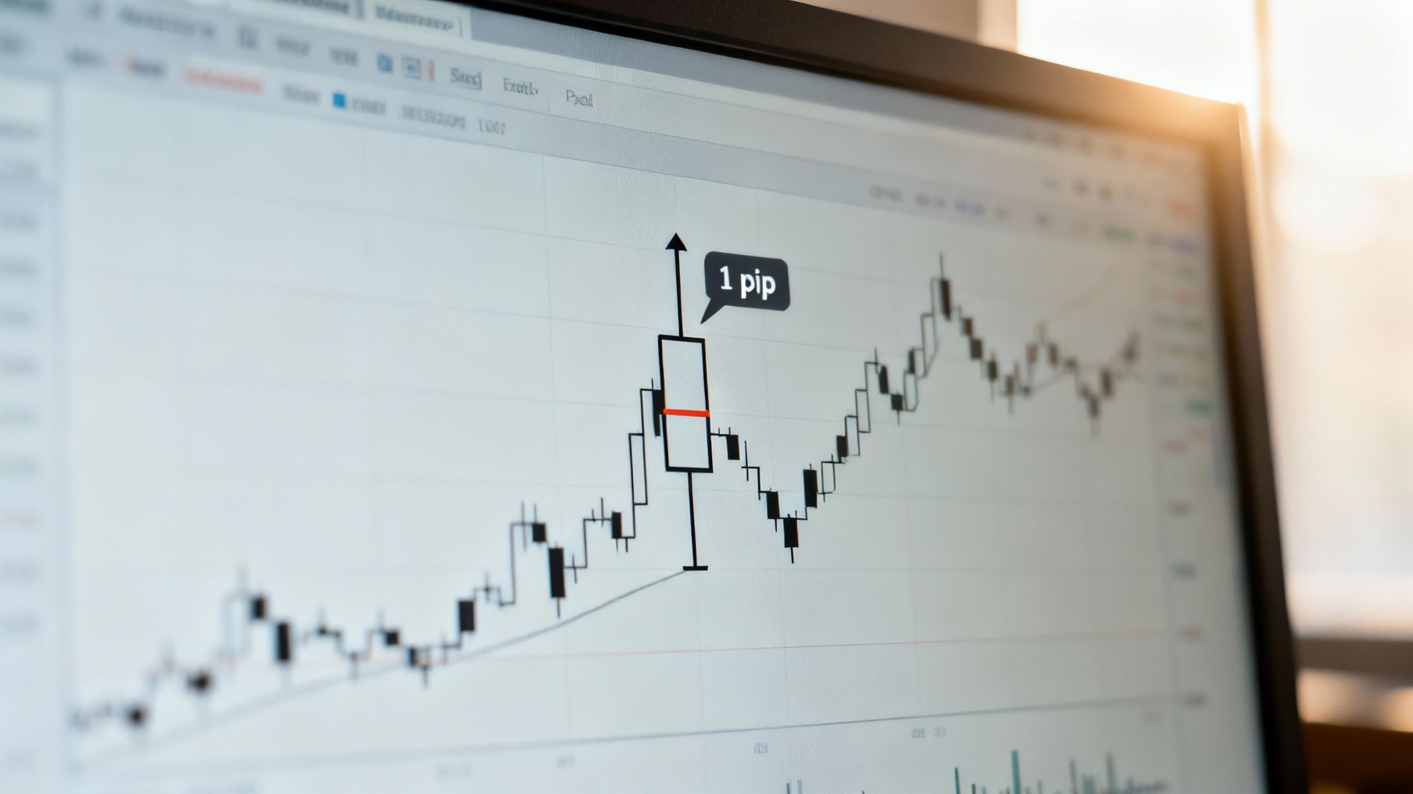 A magnifying glass focusing on the "pip" in a forex price chart, illustrating its importance.