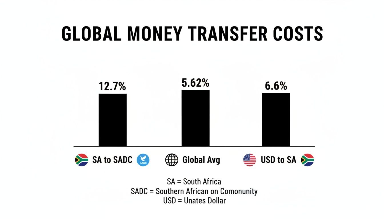 Bar chart displaying global money transfer costs: SA to SADC (12.7%), Global Average (5.62%), USD to SA (6.6%).