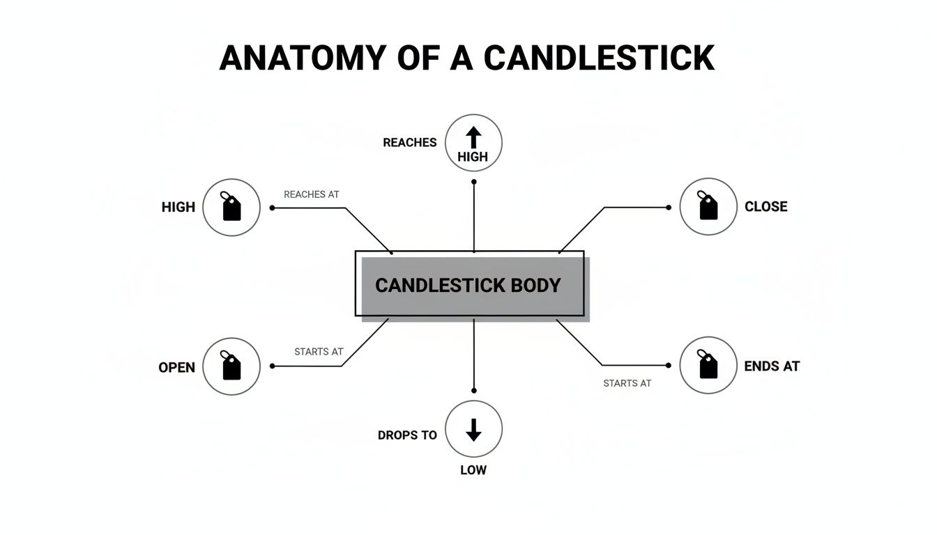 A diagram illustrating the anatomy of a candlestick, showing its open, close, high, and low points.