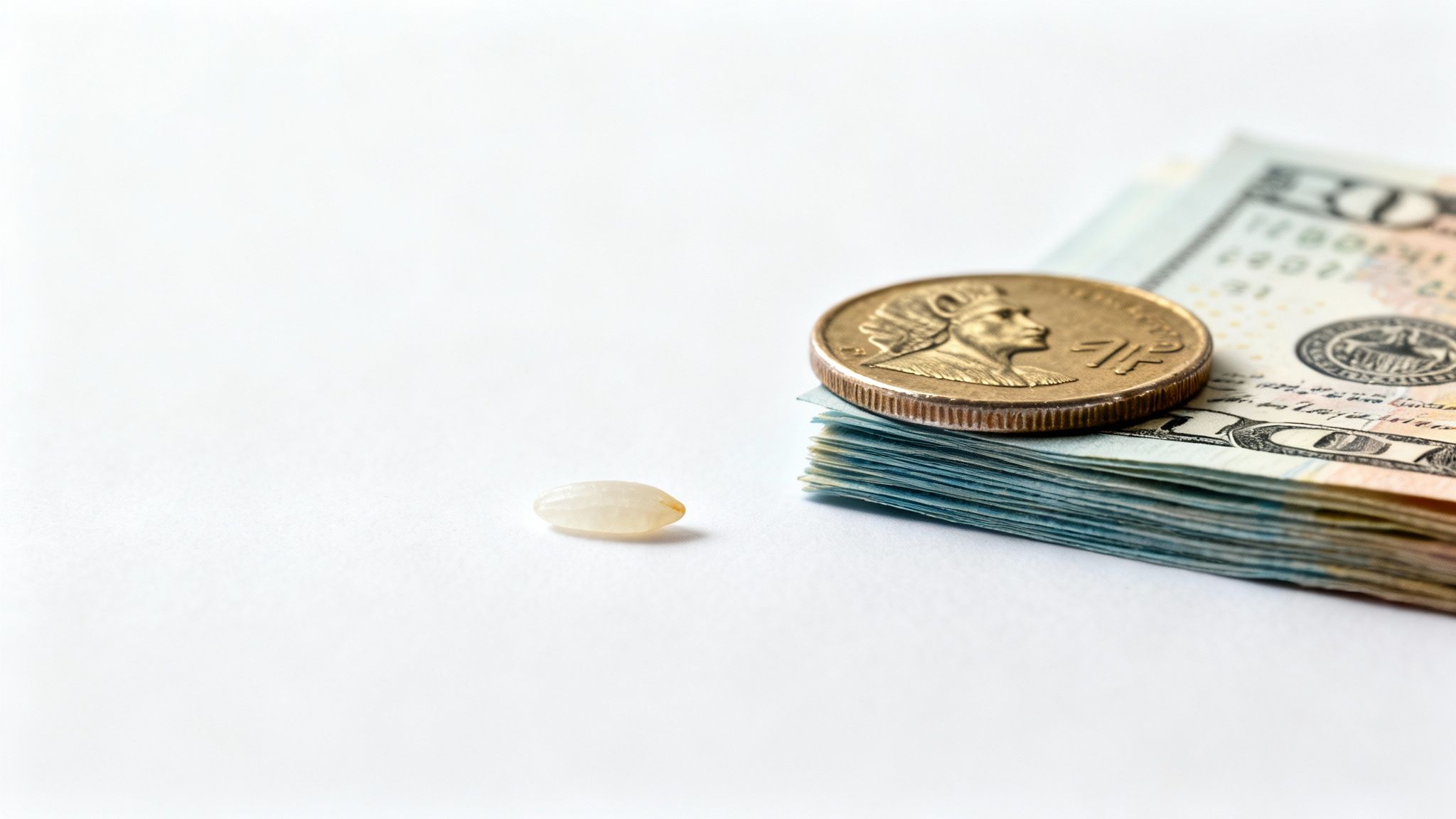 A single grain of rice contrasts with a stack of US dollar bills and a gold coin.