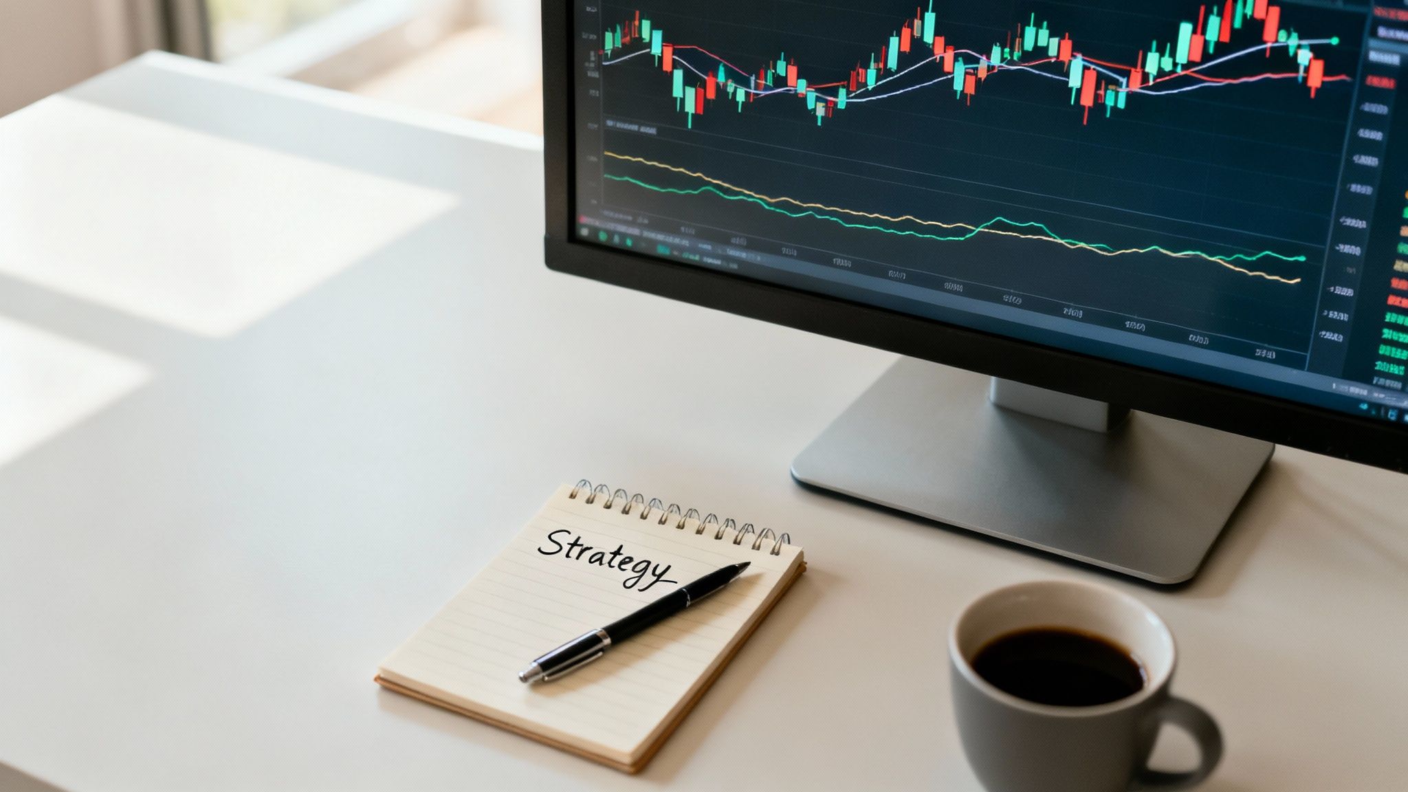 A modern desk setup showing forex trading charts on multiple computer screens.