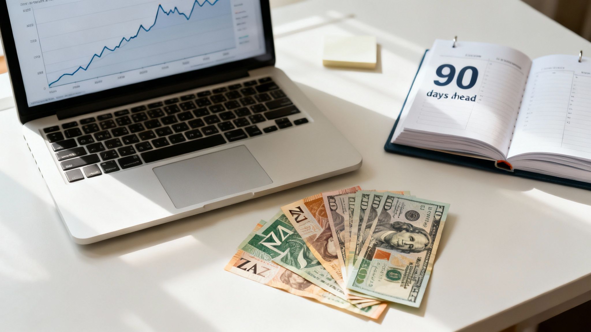 A laptop displaying financial charts, a planner with '90 days ahead', and fanned currency bills on a desk.