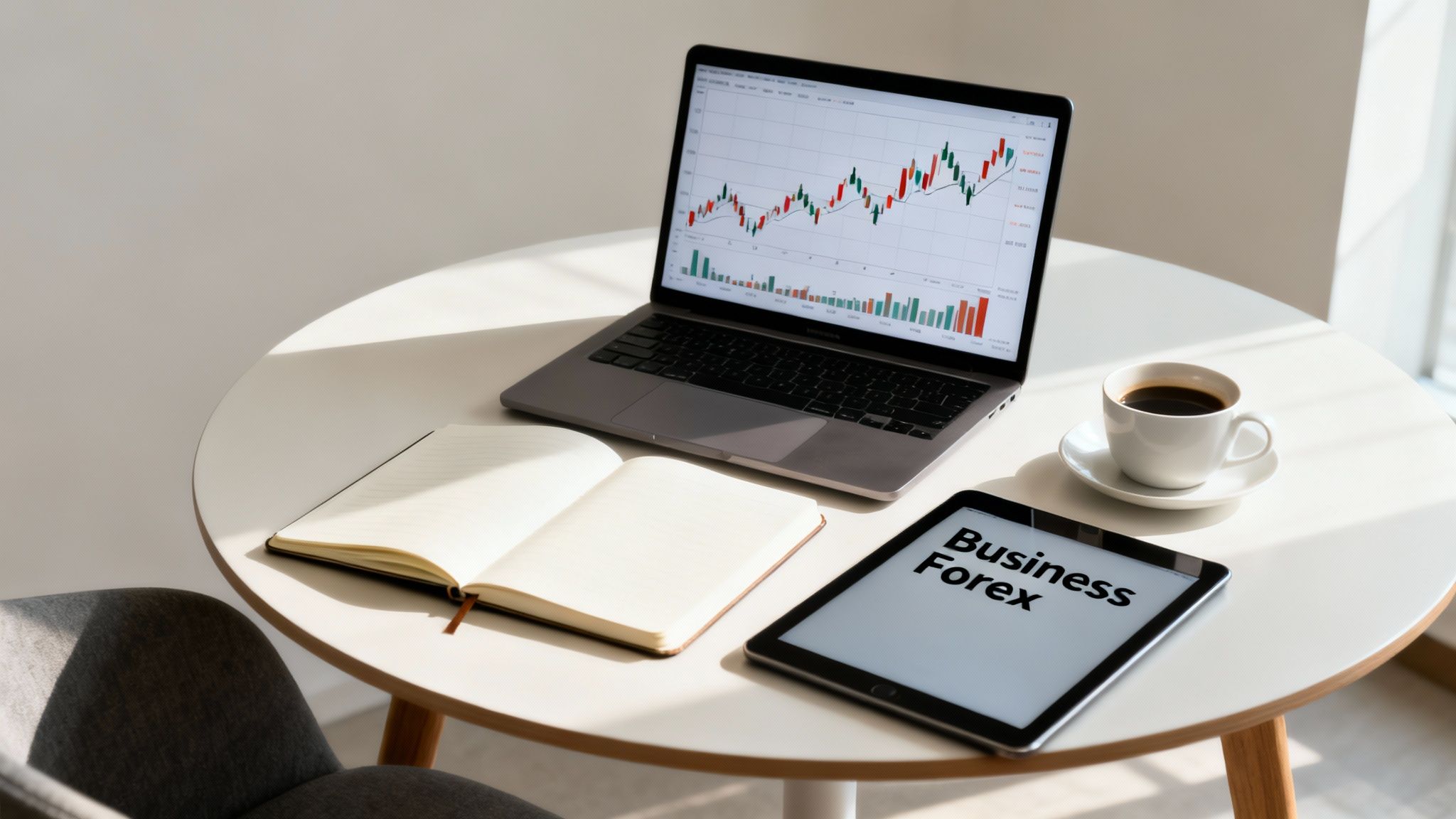 A laptop displaying business forex charts, a tablet, notebook, and coffee on a clean white table.