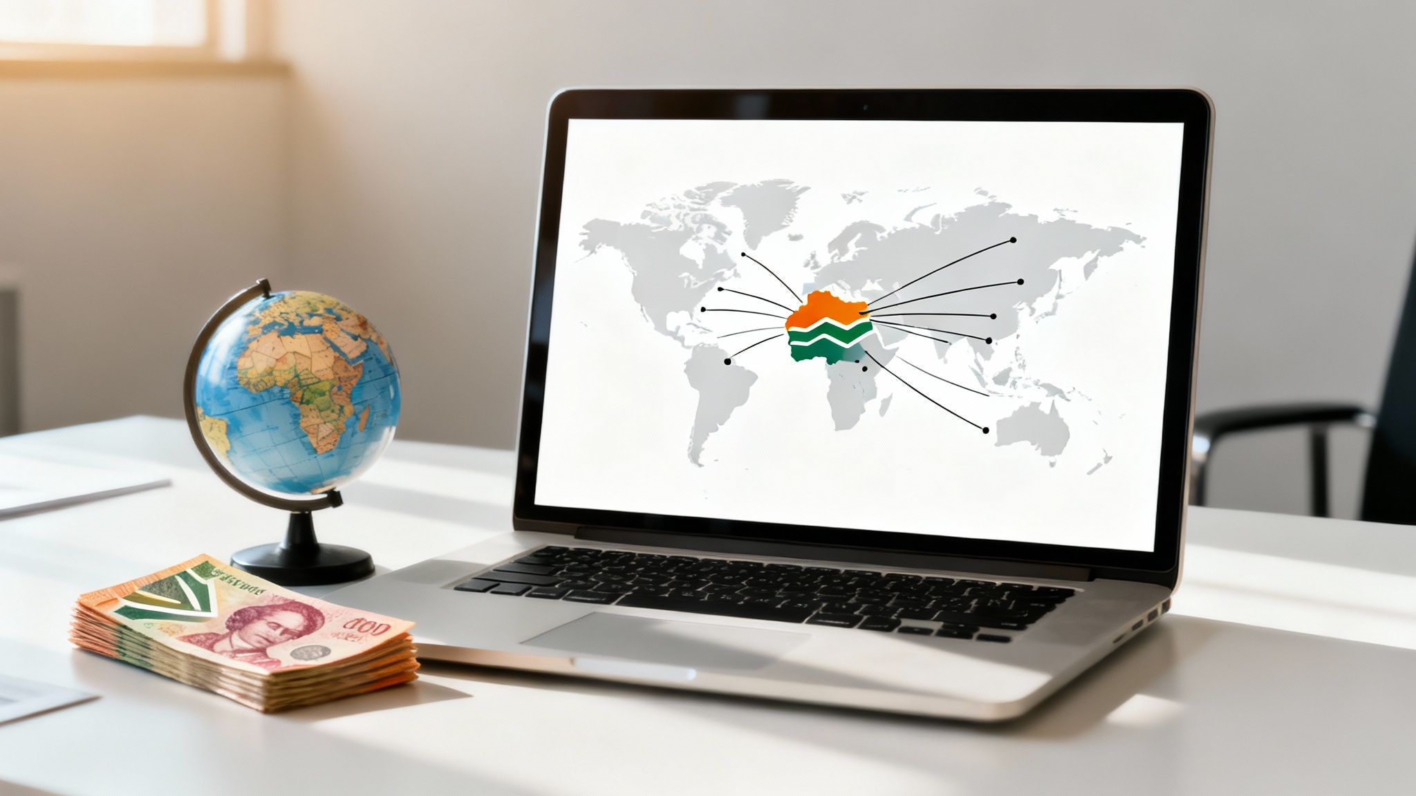 Laptop displays a world map with global connections, alongside a desk globe and money stack.
