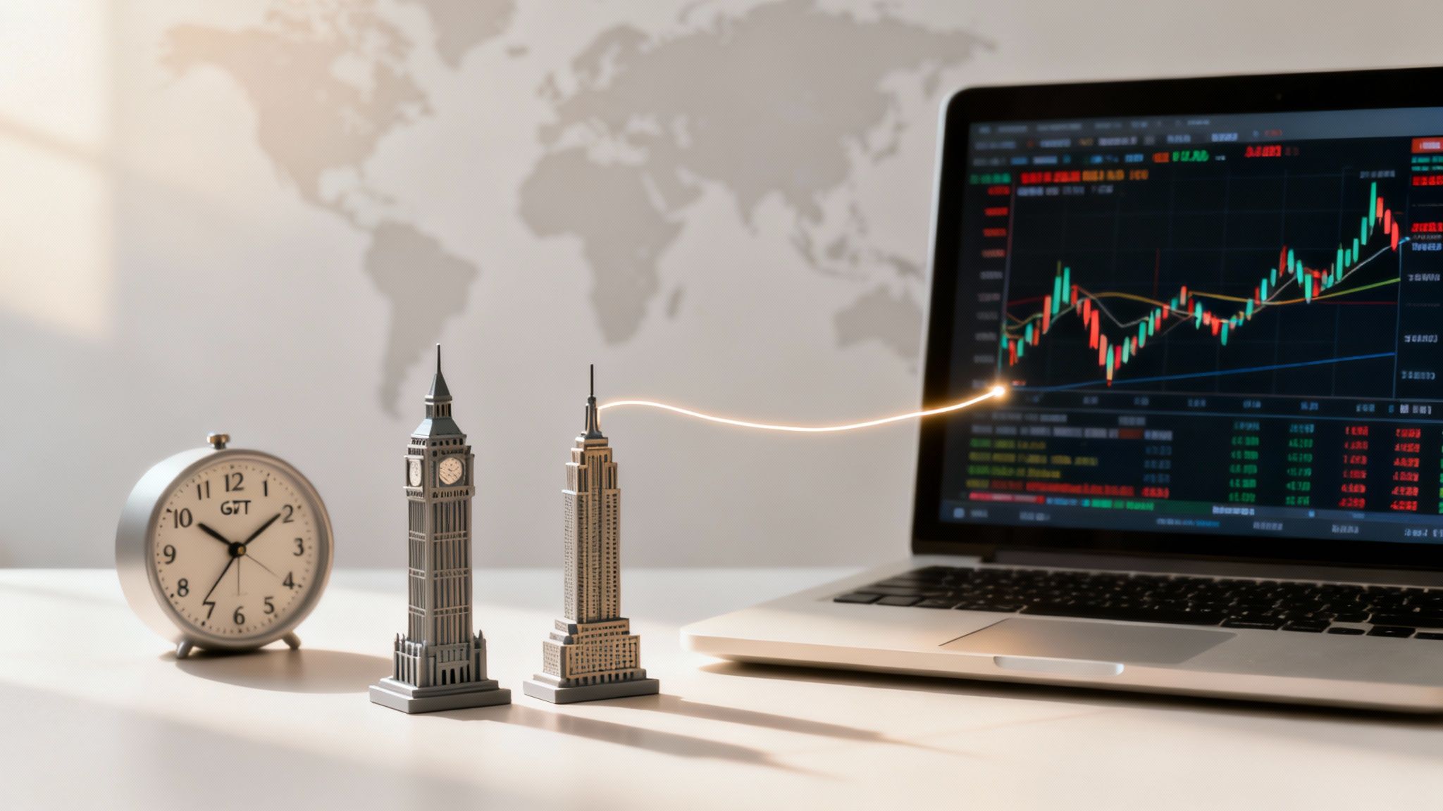 Financial trading setup with laptop displaying charts, Big Ben, Empire State Building, and a clock, symbolizing global markets.