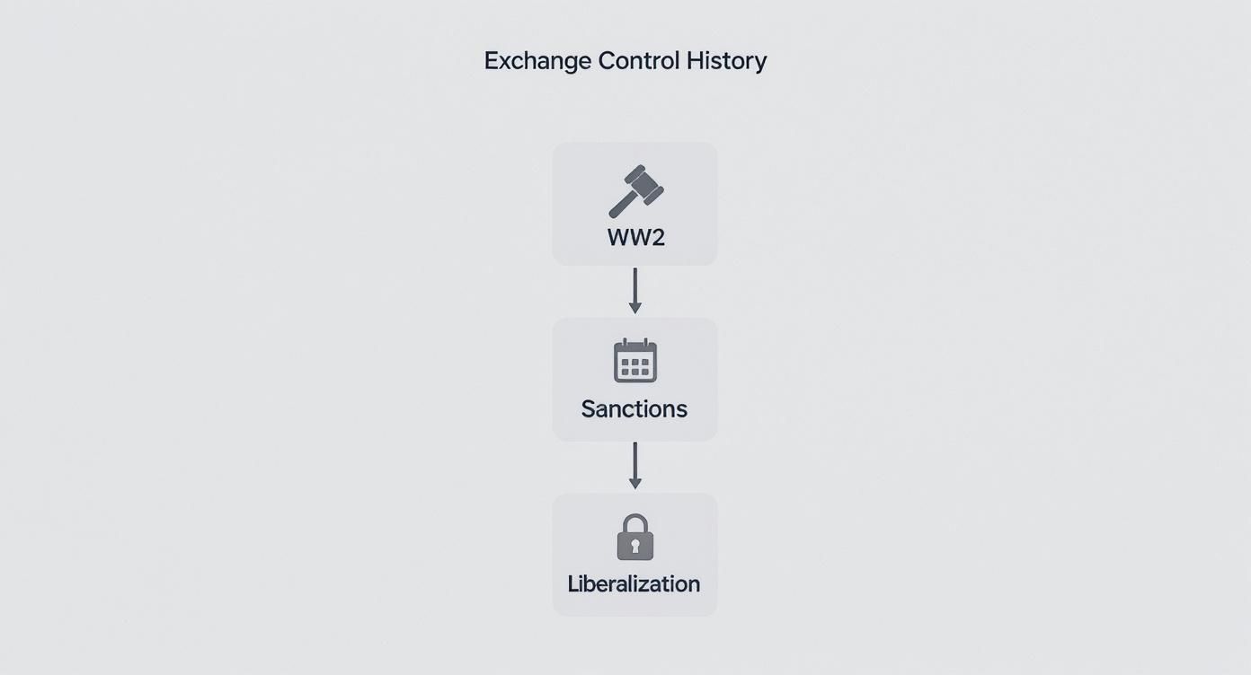 A flowchart depicting the history of exchange controls, from WW2 through sanctions to liberalization.
