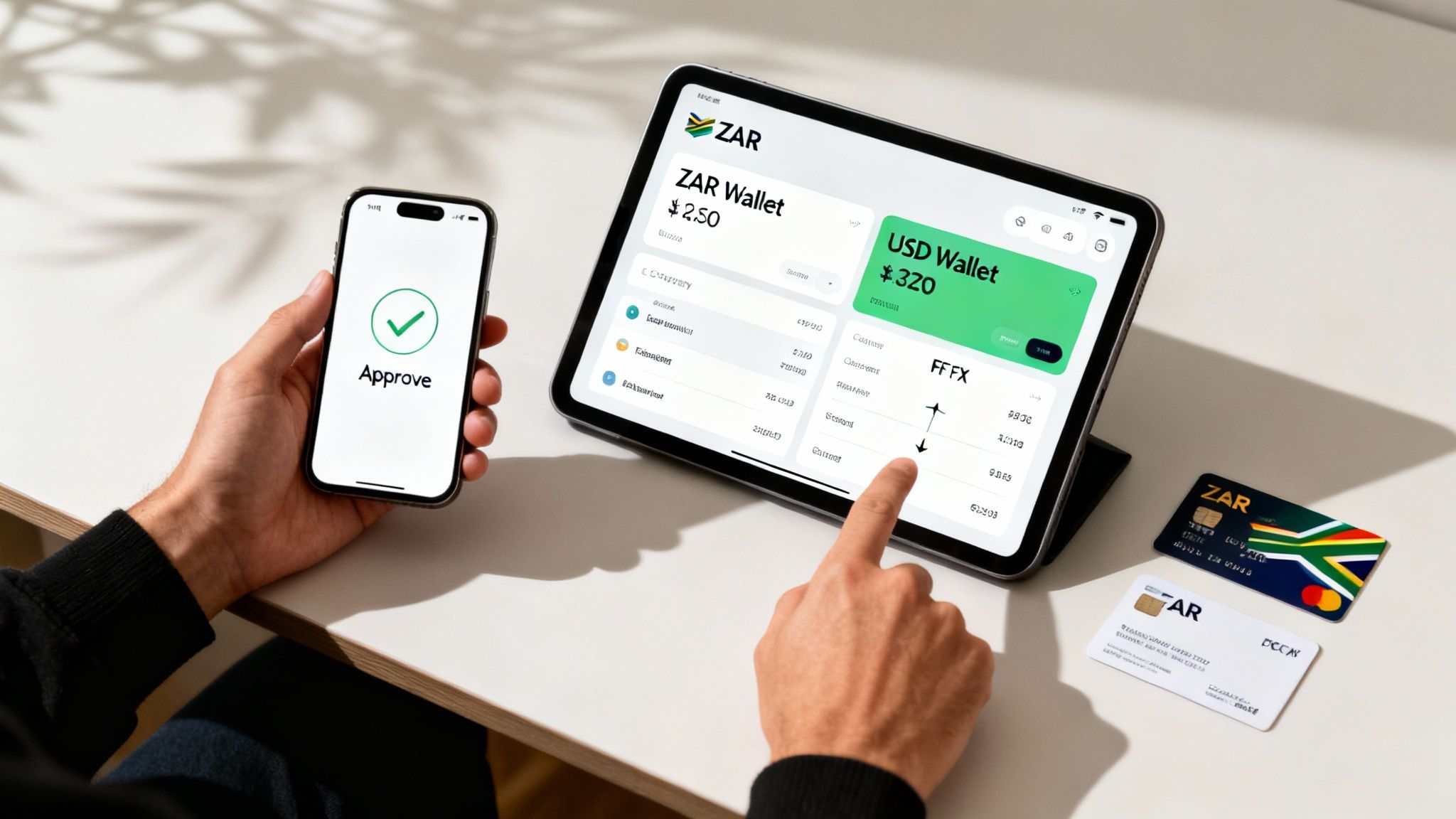 Hands holding a smartphone displaying 'Approve' and interacting with a tablet showing financial wallets and payment cards.