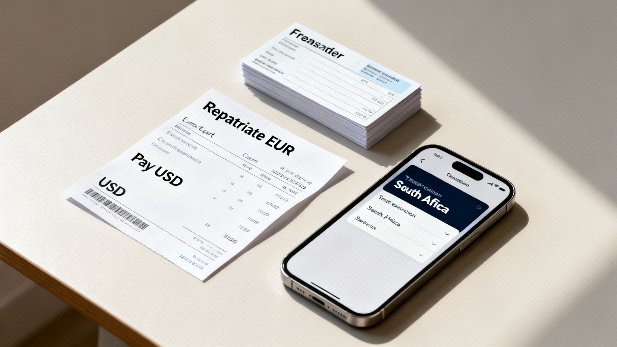 A smartphone displaying a money transfer app for South Africa next to papers with currency details.