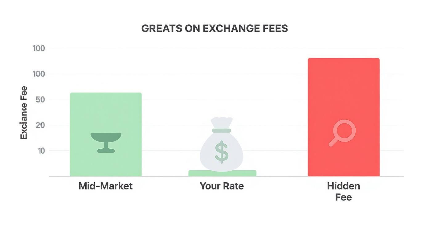 Infographic showing the difference between the mid-market exchange rate and the rate with hidden fees, illustrating the cost of a currency transfer.