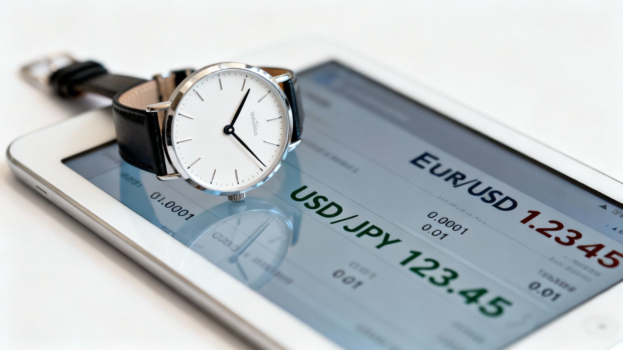 A minimalist watch rests on a tablet displaying EUR/USD and USD/JPY currency exchange rates.