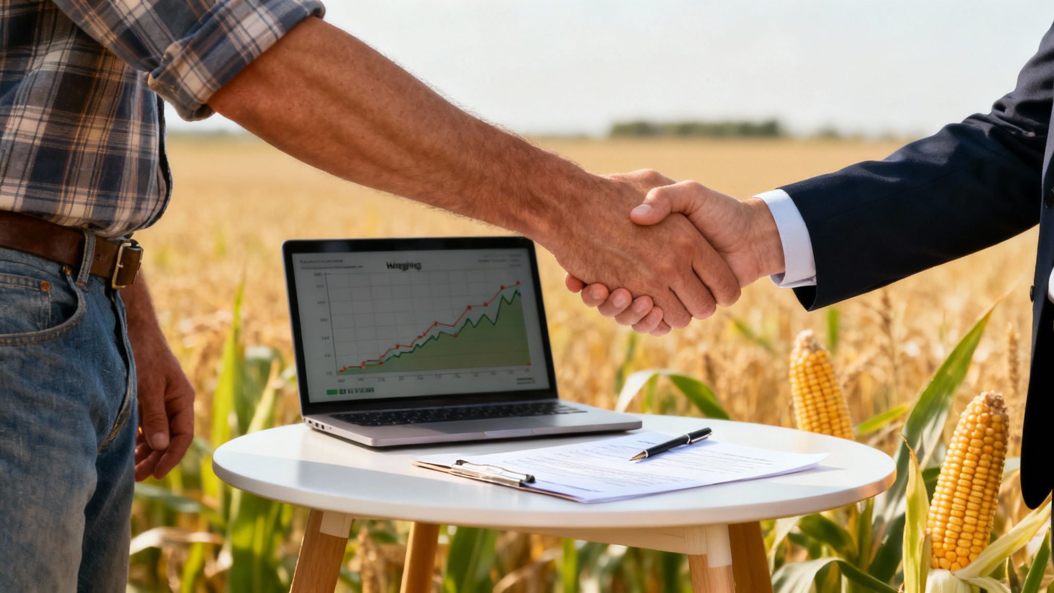 Farmer and businessman shake hands in a cornfield over a contract and laptop.