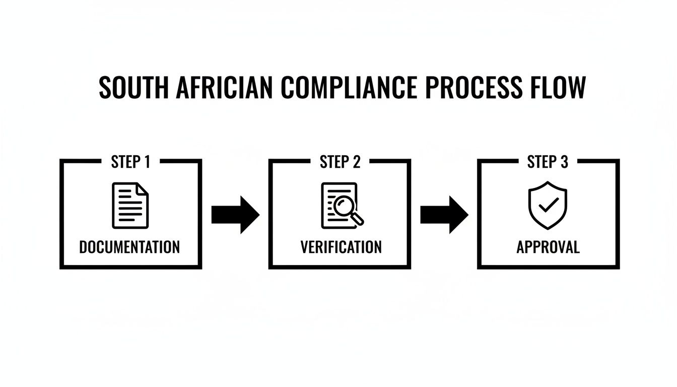 A diagram illustrating the South African compliance process flow, detailing steps for documentation, verification, and approval.