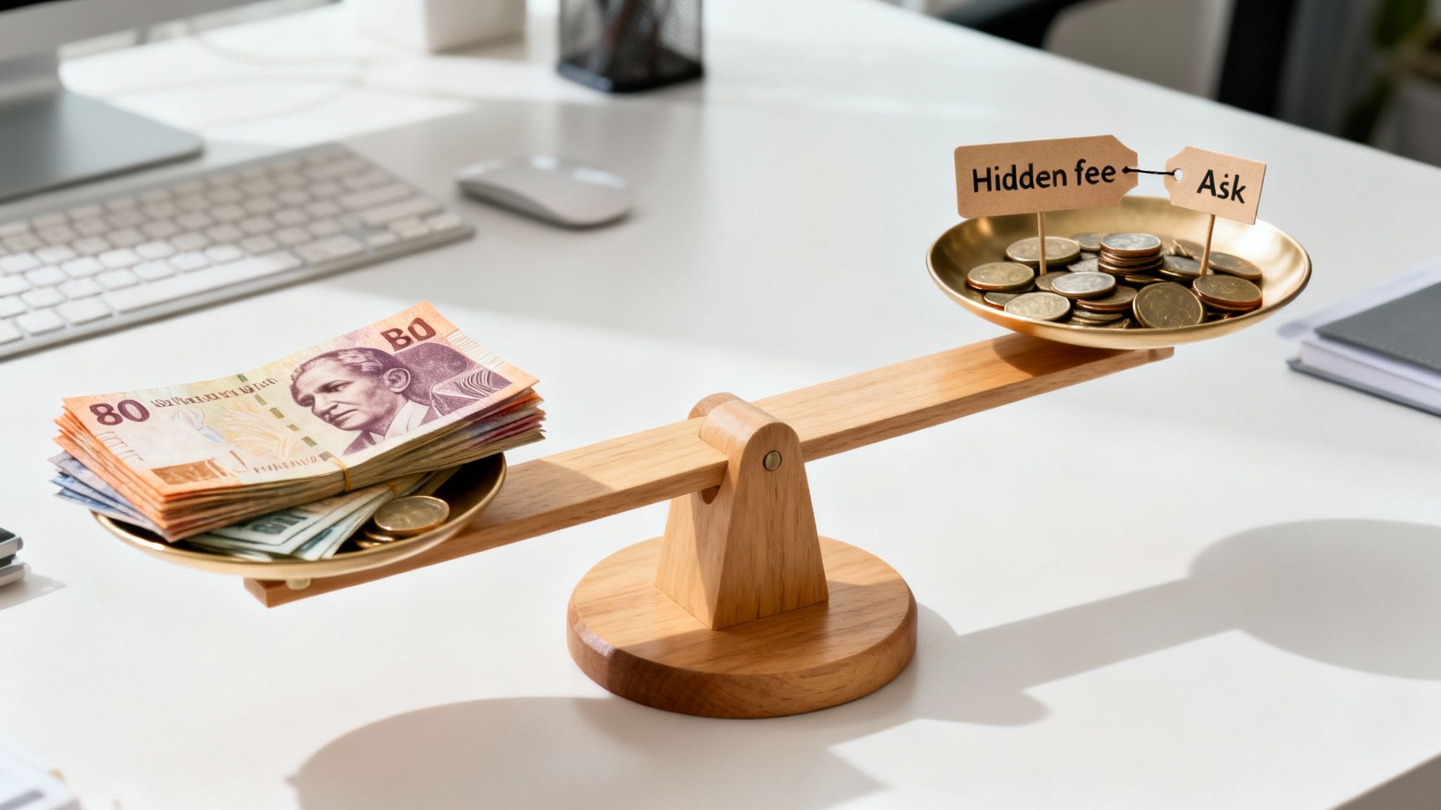 A balance scale on a desk with banknotes on one side, and coins with 'Hidden fee' and 'Ask' tags on the other.