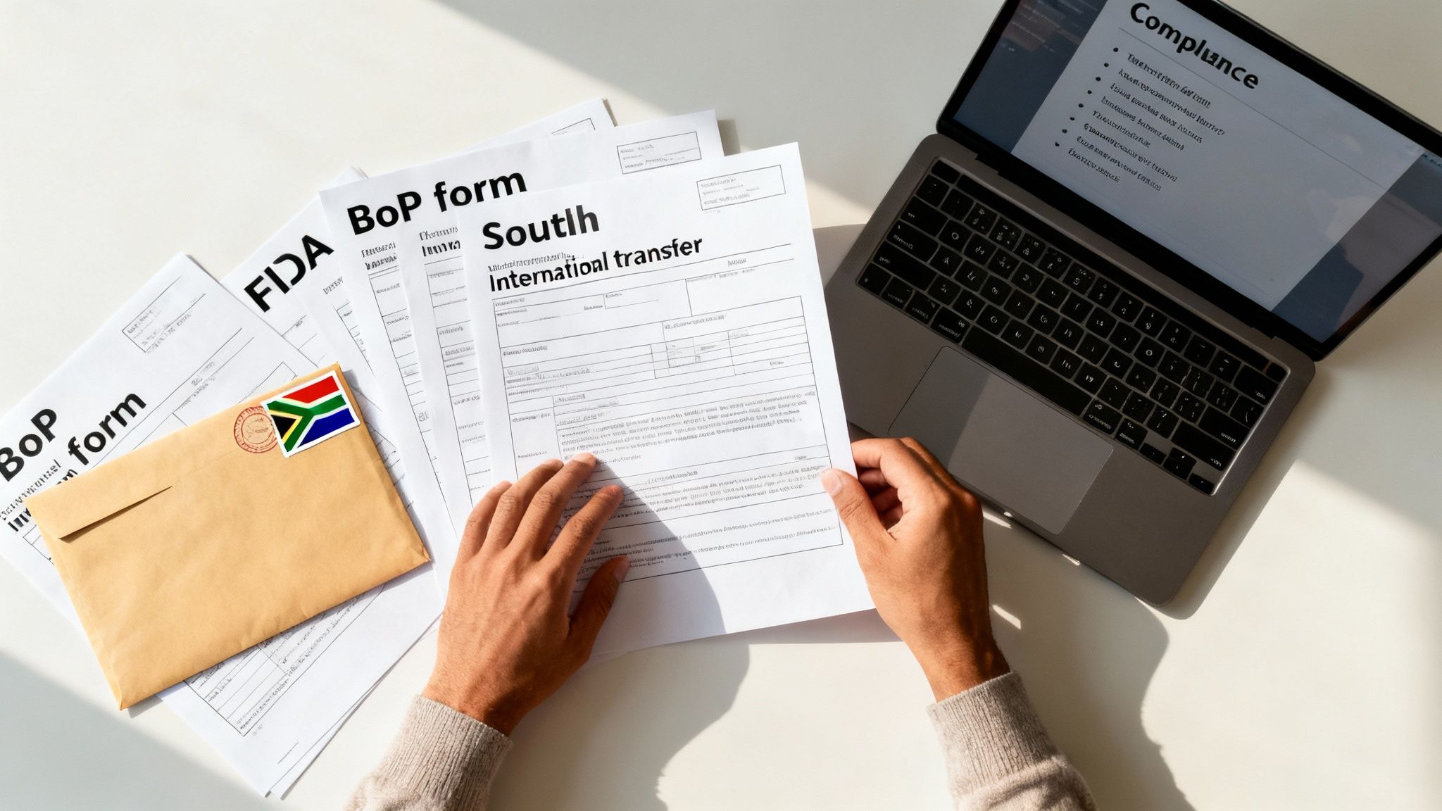 Hands holding international transfer forms on a desk with a laptop and South African flag envelope.