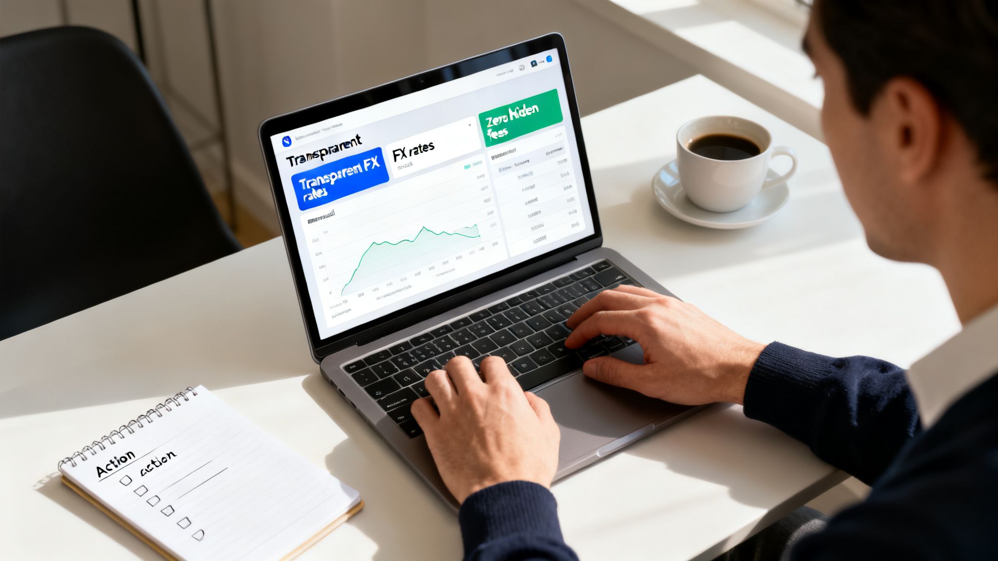 Person typing on a laptop displaying transparent FX rates and a financial graph, with a notepad and coffee cup.