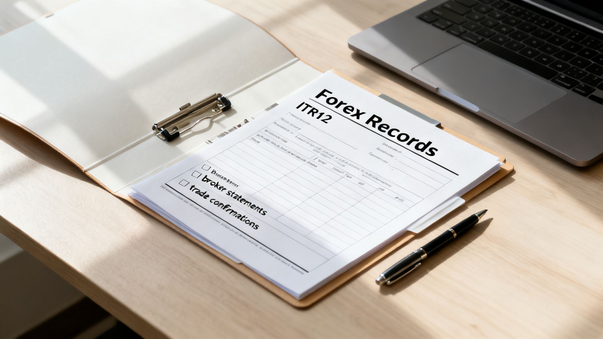Forex Records ITR12 document with checkboxes for broker statements and trade confirmations, on a desk next to a laptop.