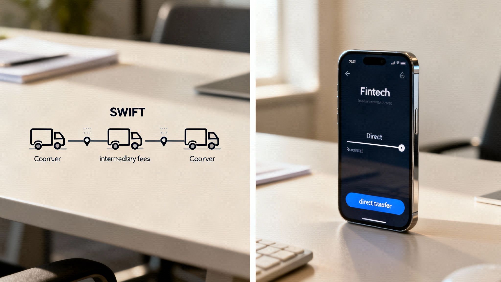 Comparing traditional SWIFT international money transfers with intermediary fees against a modern direct fintech app solution.