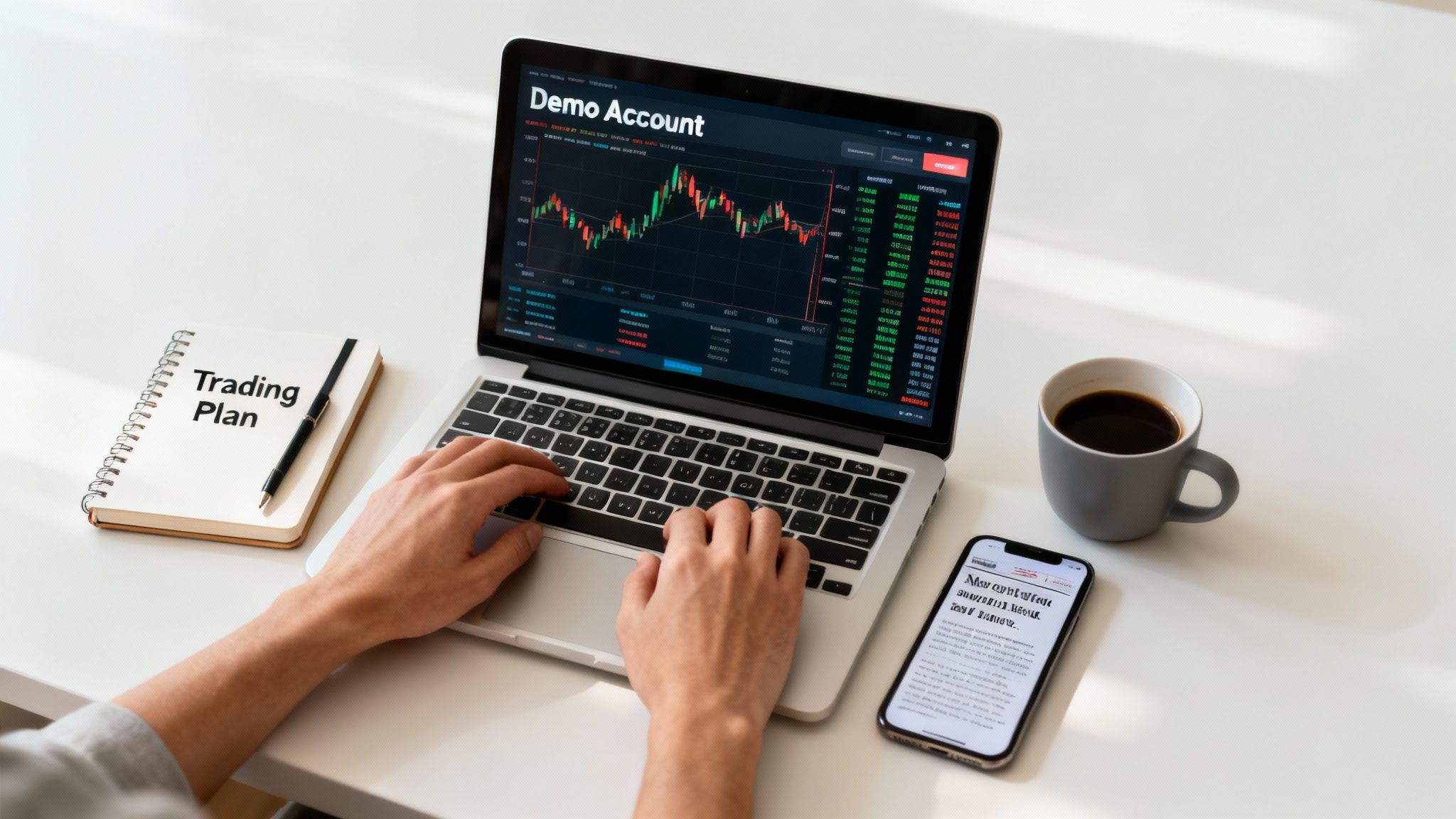 A person at a desk with charts on a computer screen, creating a forex trading plan.