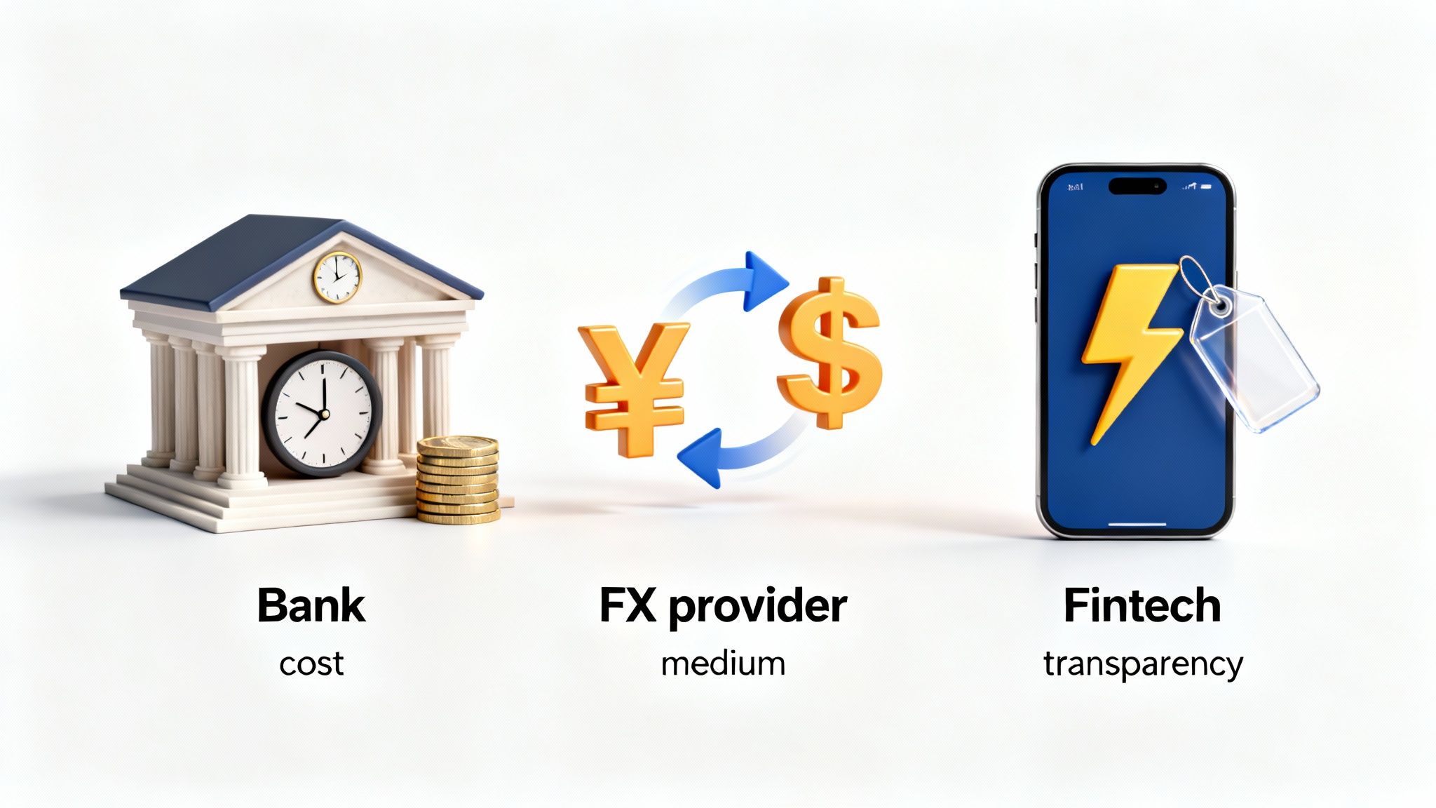 A visual comparison of Bank, FX provider, and Fintech for money transfers, highlighting cost, medium, and transparency.