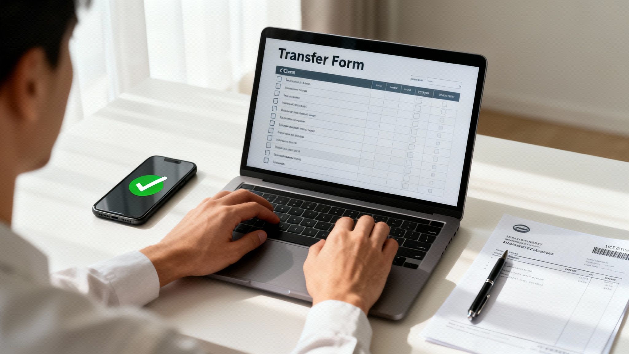 A person completes an online transfer form on a laptop, with a smartphone showing a successful transaction.